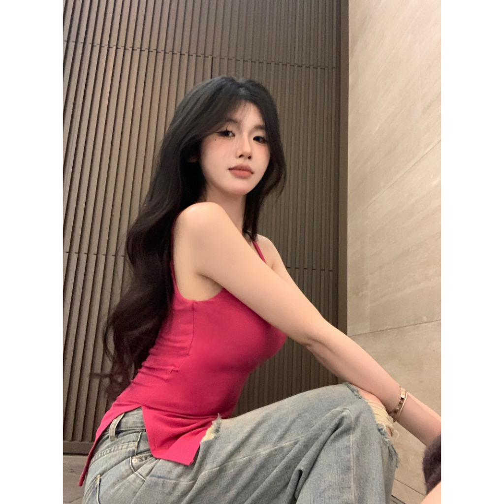 QADCOL Áo tank top Hai Dây Có Mút Ngực Thiết Kế Không Đều Kiểu Pháp Ngọt Ngào Thời Trang Mùa Hè Cho Nữ