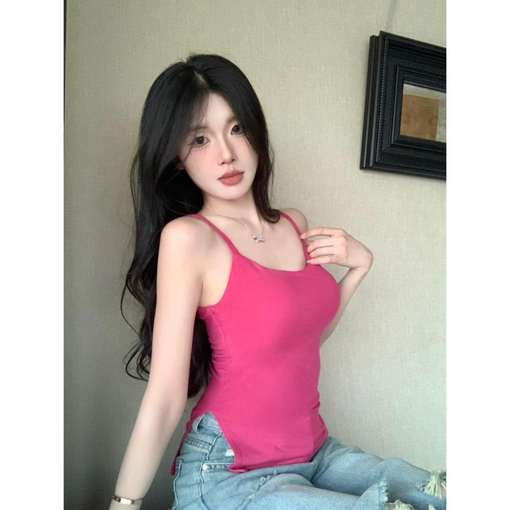 QADCOL Áo tank top Hai Dây Có Mút Ngực Thiết Kế Không Đều Kiểu Pháp Ngọt Ngào Thời Trang Mùa Hè Cho Nữ