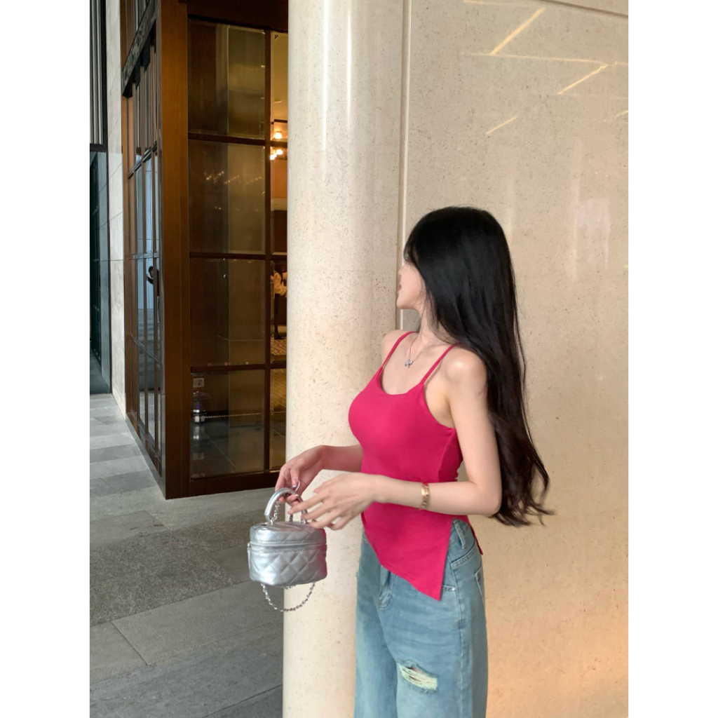 QADCOL Áo tank top Hai Dây Có Mút Ngực Thiết Kế Không Đều Kiểu Pháp Ngọt Ngào Thời Trang Mùa Hè Cho Nữ