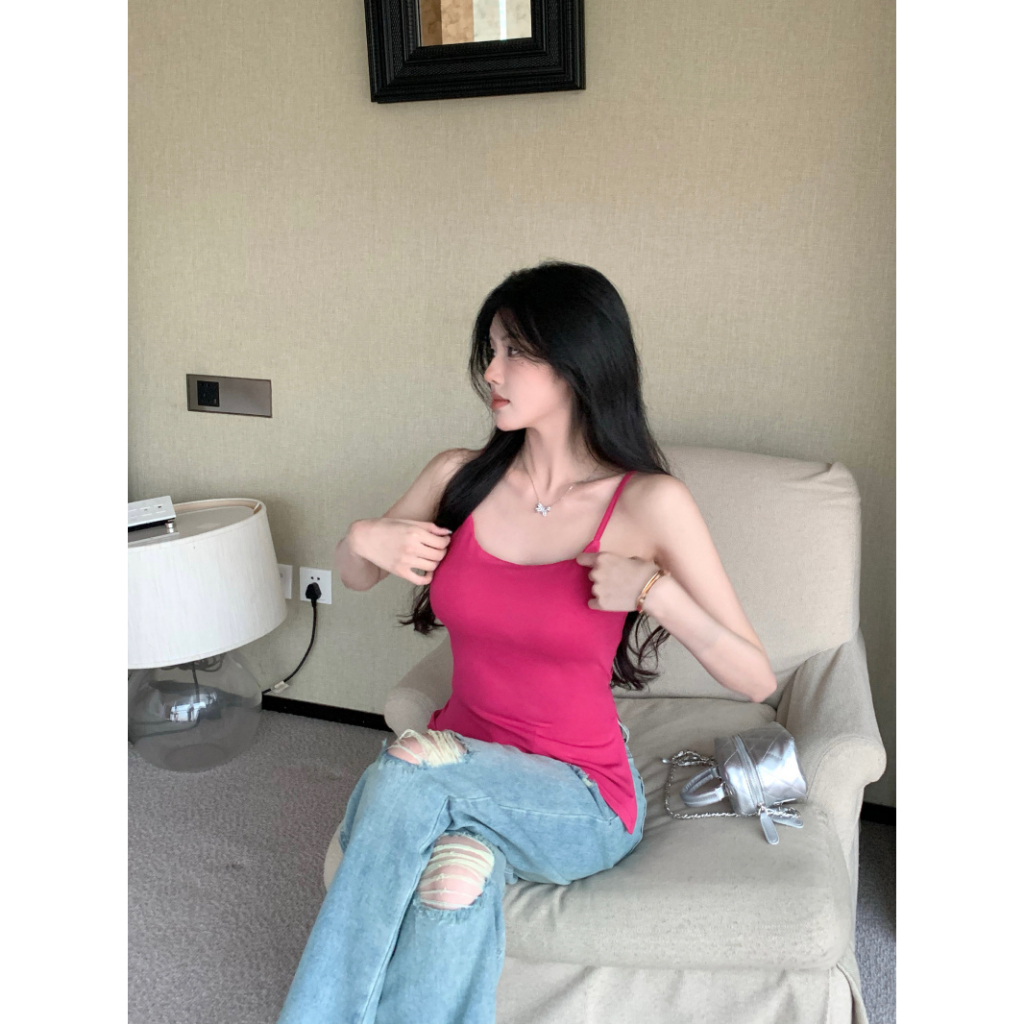 QADCOL Áo tank top Hai Dây Có Mút Ngực Thiết Kế Không Đều Kiểu Pháp Ngọt Ngào Thời Trang Mùa Hè Cho Nữ