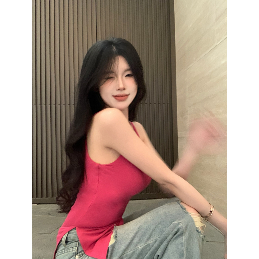 QADCOL Áo tank top Hai Dây Có Mút Ngực Thiết Kế Không Đều Kiểu Pháp Ngọt Ngào Thời Trang Mùa Hè Cho Nữ