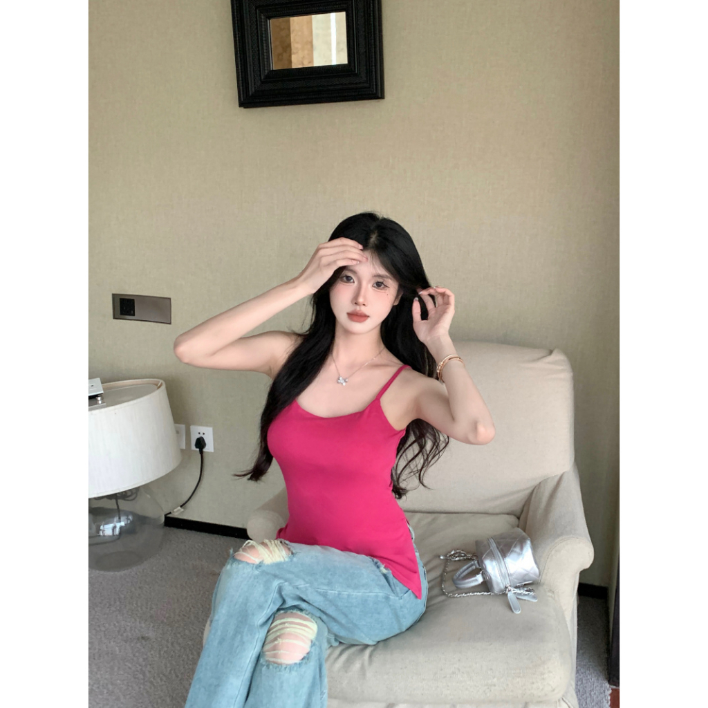 QADCOL Áo tank top Hai Dây Có Mút Ngực Thiết Kế Không Đều Kiểu Pháp Ngọt Ngào Thời Trang Mùa Hè Cho Nữ