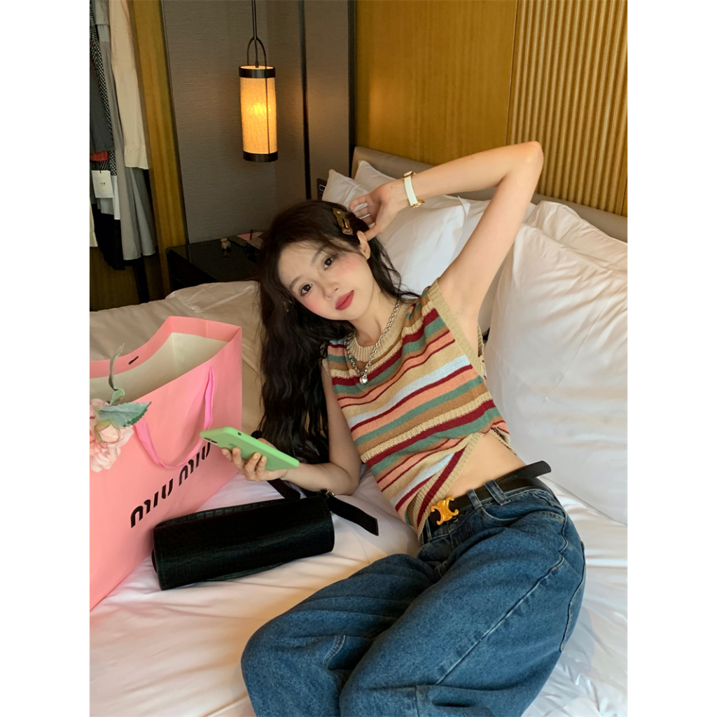 QADCOL Áo Dệt Kim Không Tay Dáng Ôm Màu Sắc Ngọt Ngào Thời Trang Mùa Hè Cho Nữ