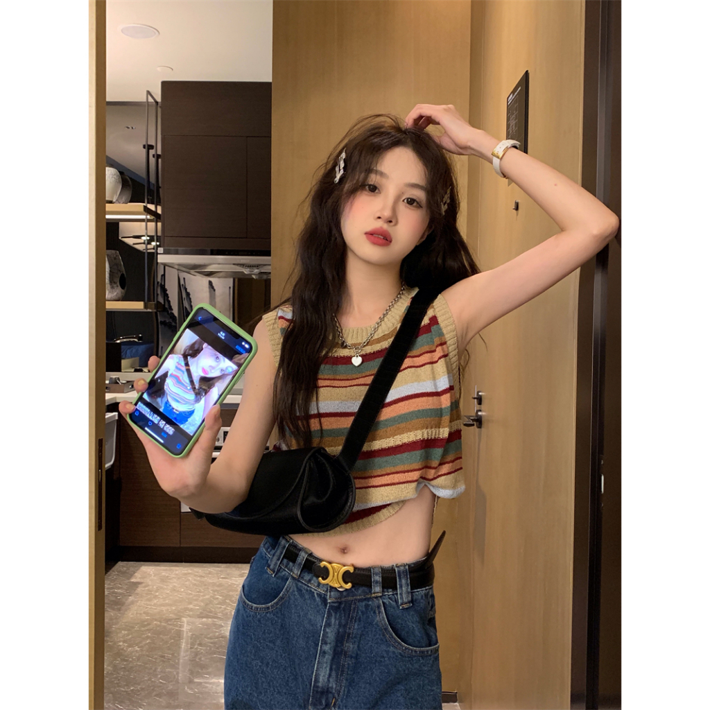 QADCOL Áo Dệt Kim Không Tay Dáng Ôm Màu Sắc Ngọt Ngào Thời Trang Mùa Hè Cho Nữ