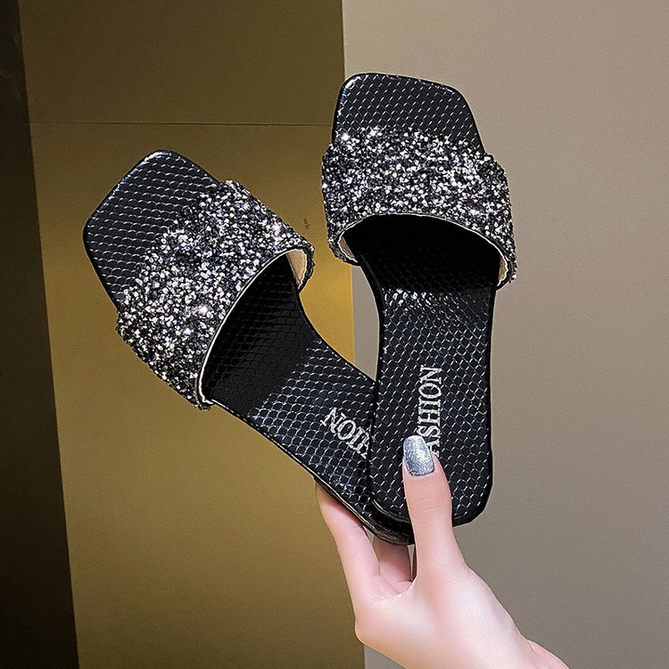 Giày Sandal Đế Bằng Đính Đá Plus Size 35-42 Thời Trang Cho Nữ