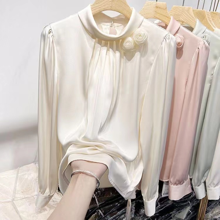 Áo Sơ Mi Tay Dài Cổ Đứng Dáng Rộng Vải satin Kiểu Hàn Quốc Thời Trang