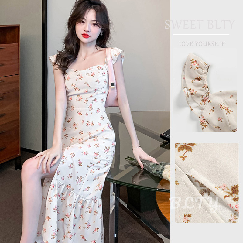 BLTY Đầm Hai Dây Mỏng In Hoa Xẻ Tà Kiểu retro Pháp Thanh Lịch