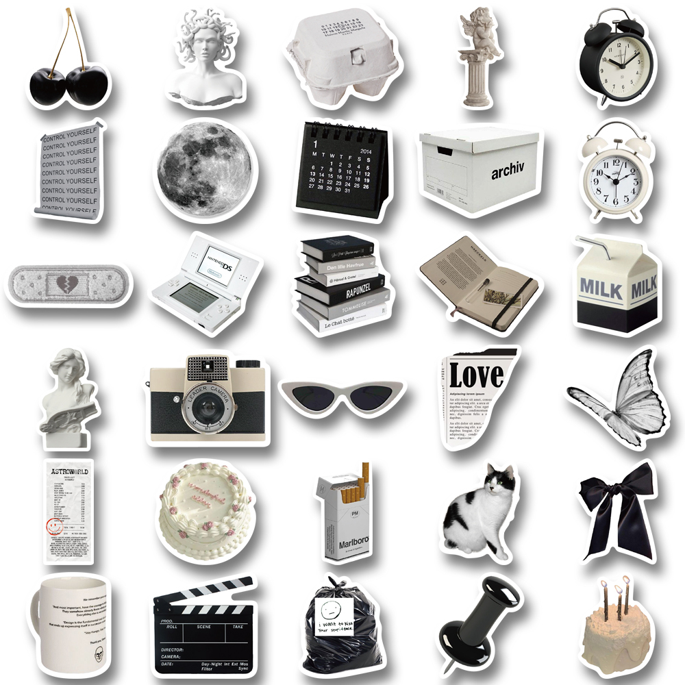 Bộ 61 Miếng Dán Trang Trí laptop / Điện Thoại Chống Thấm Nước Màu Trắng Đen DIY