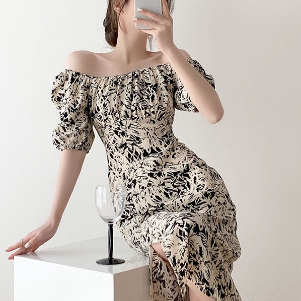 Đầm Trễ Vai Ôm Eo Họa Tiết Hoa Phong Cách Pháp Cổ Điển Dành Cho Nữ