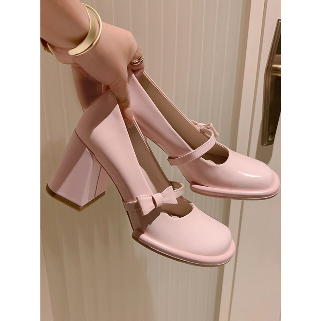 Giày Cao Gót Mary Jane Gót Dày Đính Nơ Hồng Kiểu Pháp Thời Trang 2023 Cho Nữ