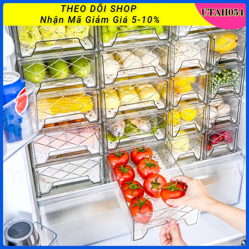 🌈Hàng Sẵn Hộp đựng tủ lạnh Lưu trữ trái cây và rau, trứng trong suốt ABS+PET bền bỉ Loại ngăn kéo với giá đỡ Sắp xếp rõ ràng【Utah054】