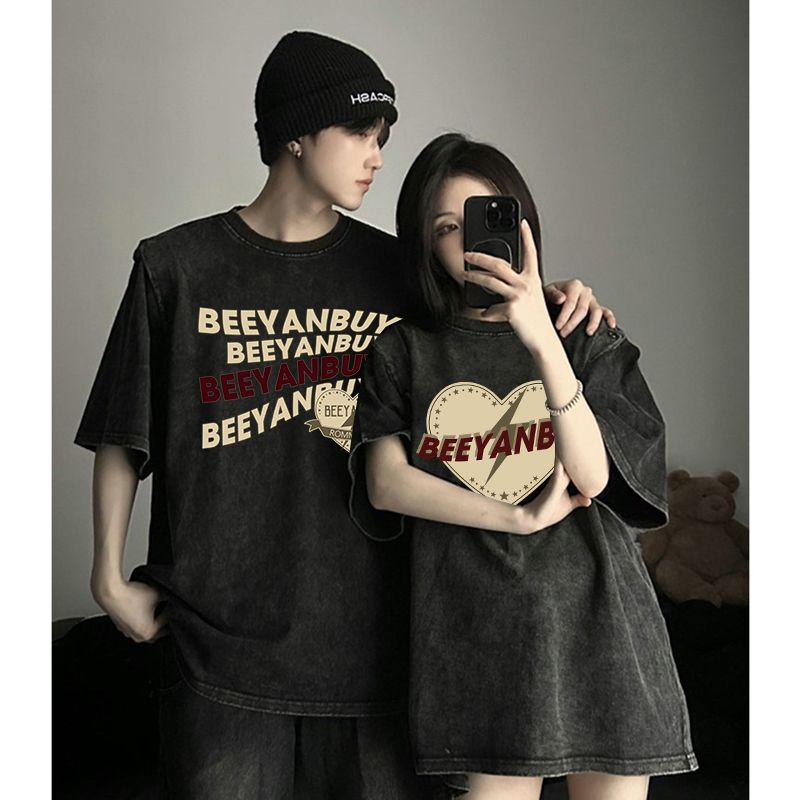 Ihkke Áo thun unisex Áo Thun 100% cotton Dáng Rộng In Họa Tiết Trái Tim Dành Cho Cặp Đôi áo phông