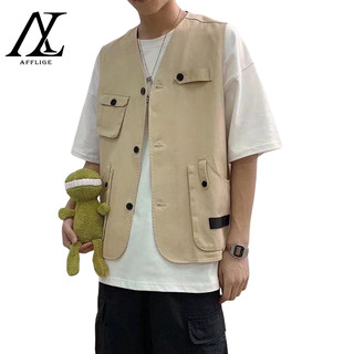 ♞AFF LIGA♞ Áo khoác không tay dáng rộng nhiều túi phong cách hip hop Hàn Quốc mới cho nam