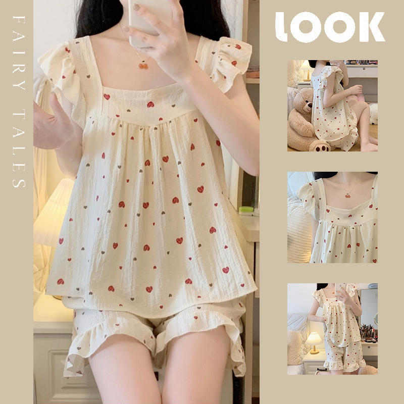 Bộ Đồ Ngủ Hai Dây Cotton Nguyên Chất Dáng Rộng Phong Cách Nhật Bản ins Ngọt Ngào Dễ Thương Mặc Ở