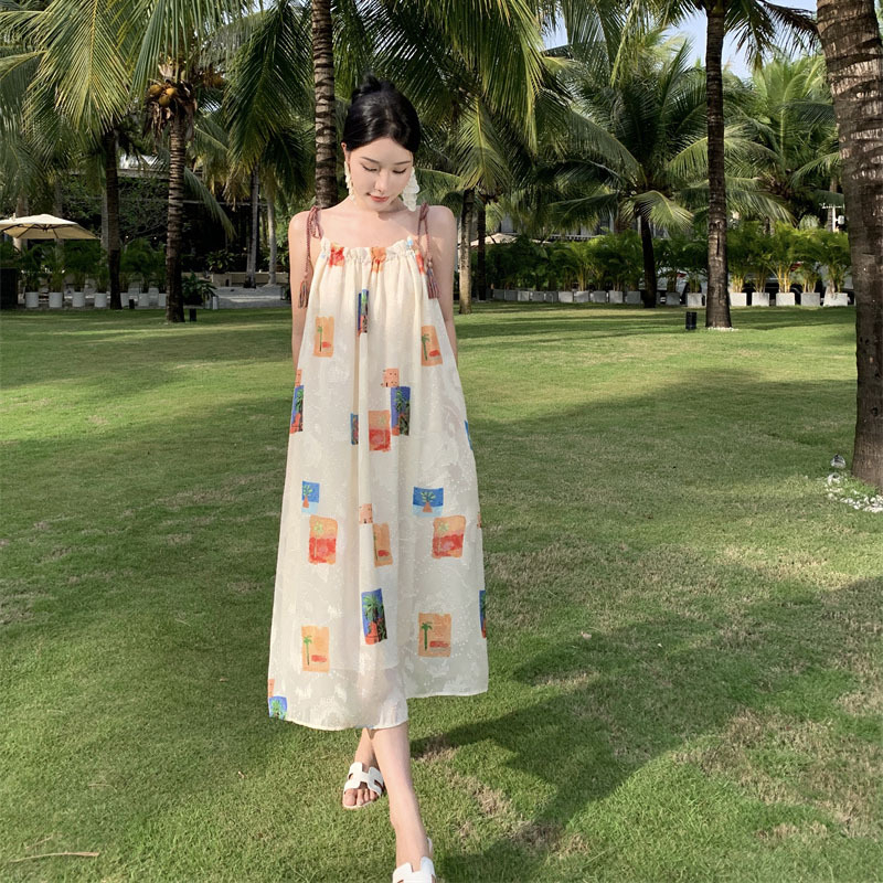 Đầm Hai Dây Mùa Hè Dáng Suông Cột Dây In Họa Tiết Có Tua Rua Cổ Điển Cho Nữ