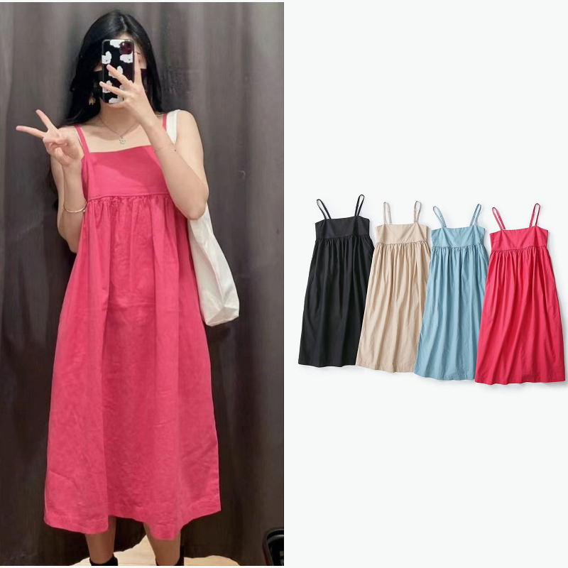 UIBEY Linen-Blend Material Pleated sling Dress 2323