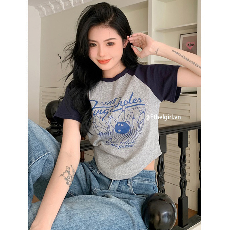 Ethelgirl Áo Thun Tay Ngắn Dáng Ôm In Họa Tiết Phong Cách Retro Mỹ Thời Trang Cho Nữ