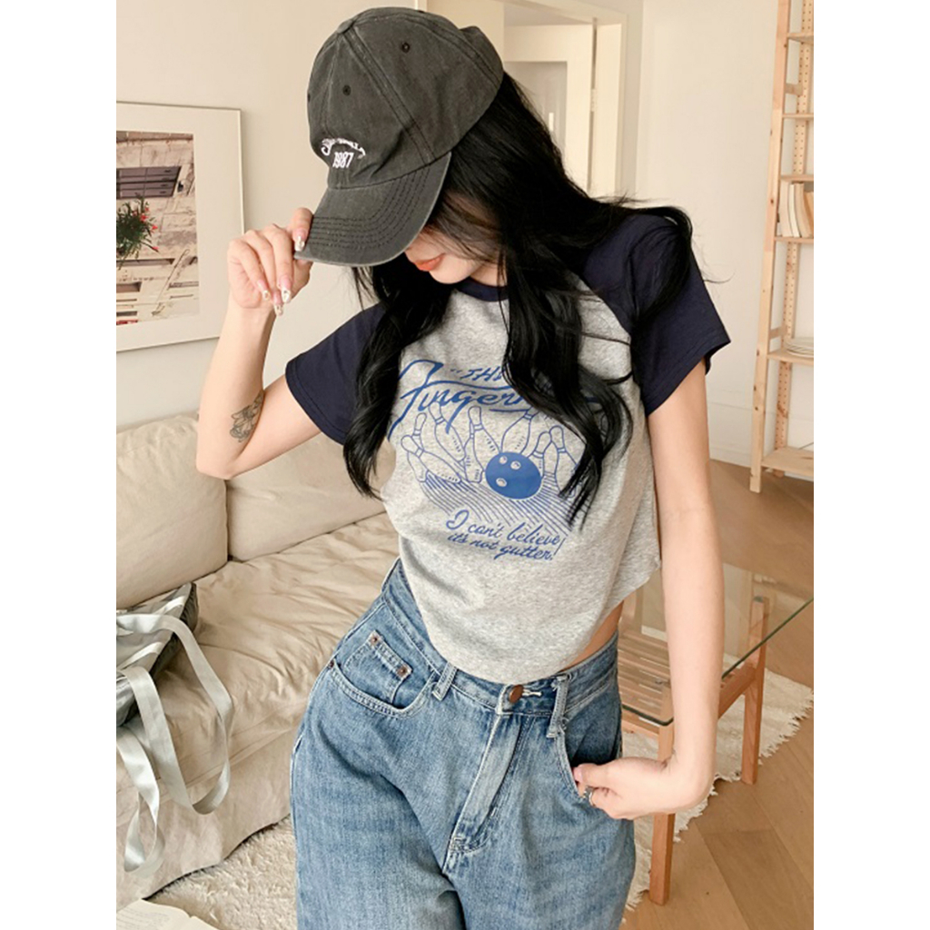 Ethelgirl Áo Thun Tay Ngắn Dáng Ôm In Họa Tiết Phong Cách Retro Mỹ Thời Trang Cho Nữ