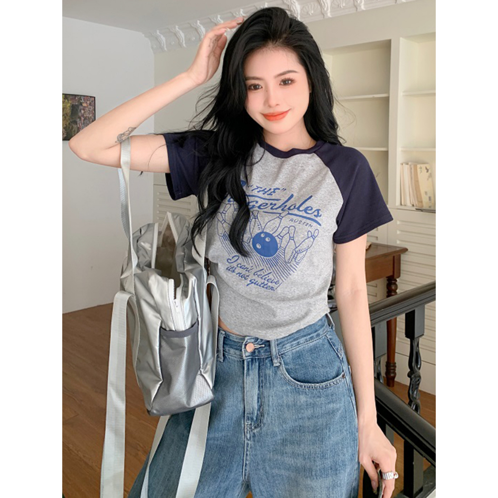 Ethelgirl Áo Thun Tay Ngắn Dáng Ôm In Họa Tiết Phong Cách Retro Mỹ Thời Trang Cho Nữ