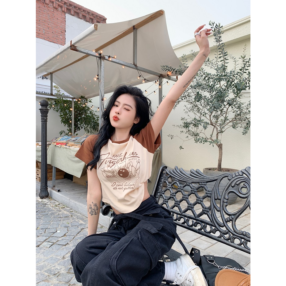 Ethelgirl Áo Thun Tay Ngắn Dáng Ôm In Họa Tiết Phong Cách Retro Mỹ Thời Trang Cho Nữ