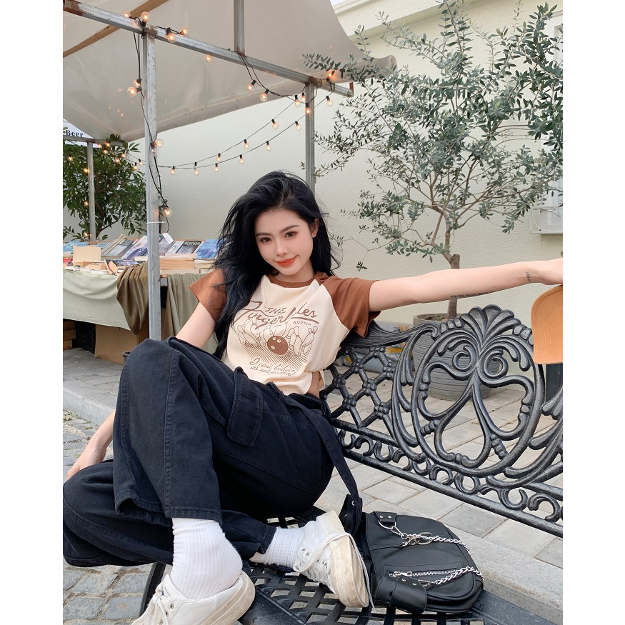 Ethelgirl Áo Thun Tay Ngắn Dáng Ôm In Họa Tiết Phong Cách Retro Mỹ Thời Trang Cho Nữ