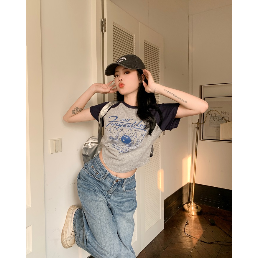 Ethelgirl Áo Thun Tay Ngắn Dáng Ôm In Họa Tiết Phong Cách Retro Mỹ Thời Trang Cho Nữ