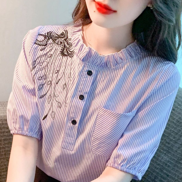 Áo Sơ Mi Chiffon Cổ Đứng Thêu Họa Tiết Sọc Xanh Dương Thời Trang Mùa Hè 2023 Cao Cấp Dễ Phối Đồ Cho Nữ