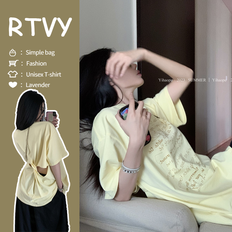 【RTVY】Áo Thun Nữ Ngắn Tay In Chữ Hở Lưng Thời Trang Hàn Quốc