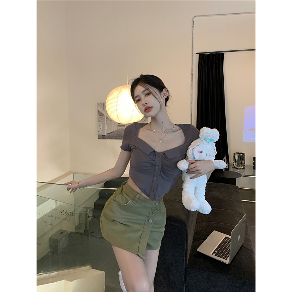 QADCOL Áo Thun Ngắn Tay Xếp Ly Lệch Tà Thời Trang Mùa Hè Cho Nữ