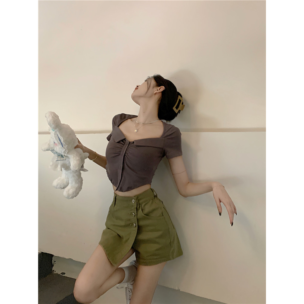 QADCOL Áo Thun Ngắn Tay Xếp Ly Lệch Tà Thời Trang Mùa Hè Cho Nữ