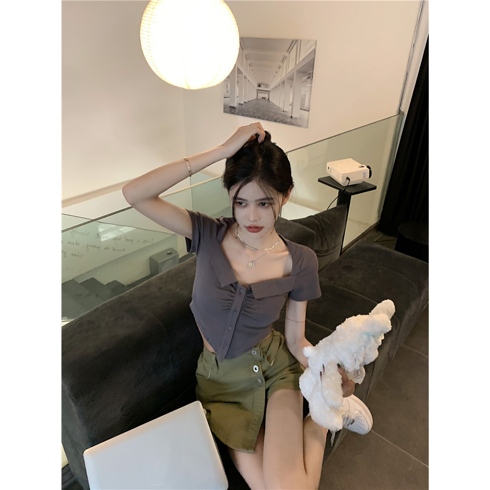 QADCOL Áo Thun Ngắn Tay Xếp Ly Lệch Tà Thời Trang Mùa Hè Cho Nữ