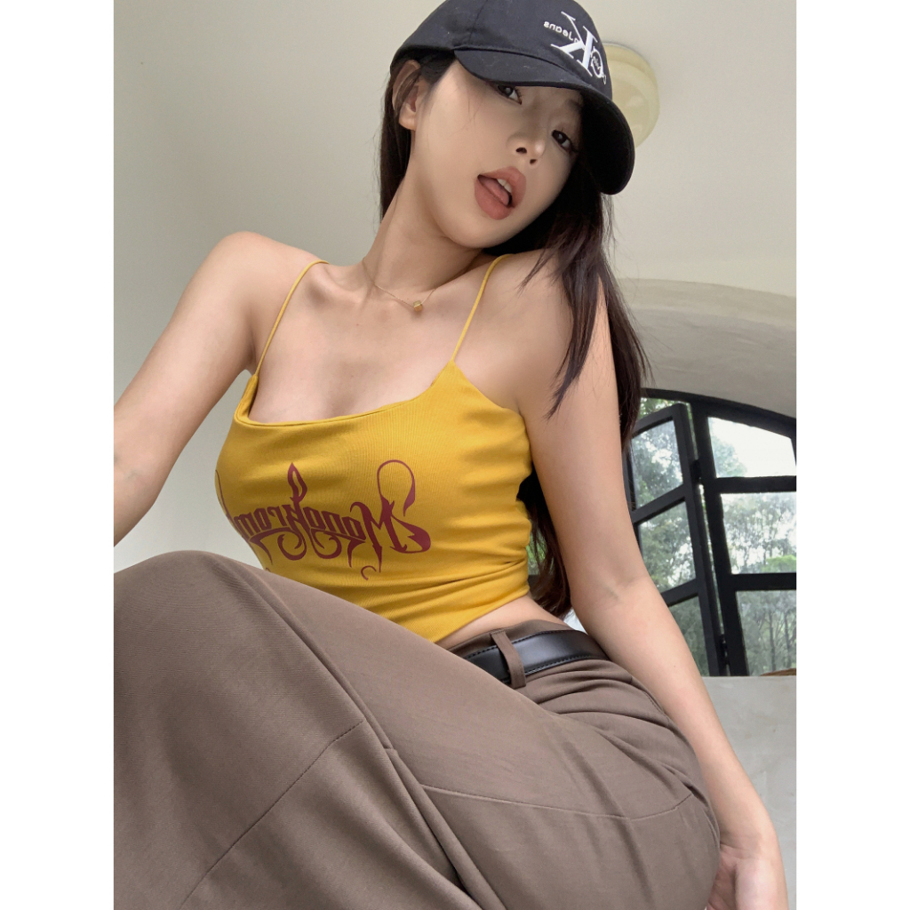 Áo Croptop Hai Dây Ôm Dáng In Chữ Phong Cách Mỹ Quyến Rũ Cho Nữ