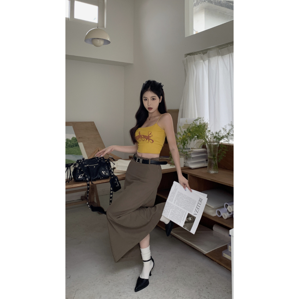 Áo Croptop Hai Dây Ôm Dáng In Chữ Phong Cách Mỹ Quyến Rũ Cho Nữ