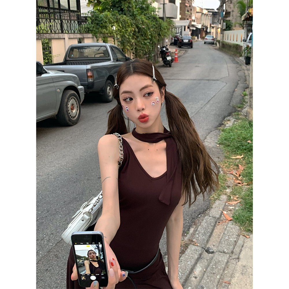 Fine Studio Đầm Ngắn Hai Dây Dáng Ôm Eo Hẹp Kiểu Retro Mùa Hè Dành Cho Bạn Nữ