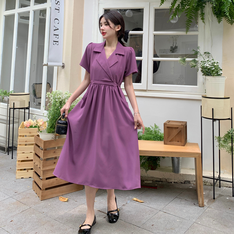 Đầm Cổ Vest Có Dây Thắt Eo Và Túi Hộp Thời Trang Dành Cho Nữ