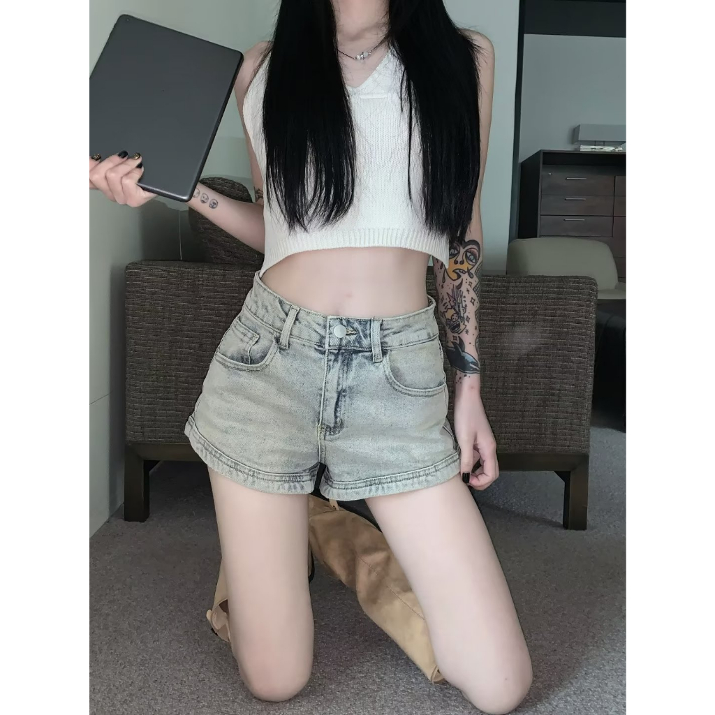 Quần Short Denim Lưng Cao Ống Rộng Màu Xanh Dương Thời Trang Mùa Hè Mới 2023 Cho Bé Gái