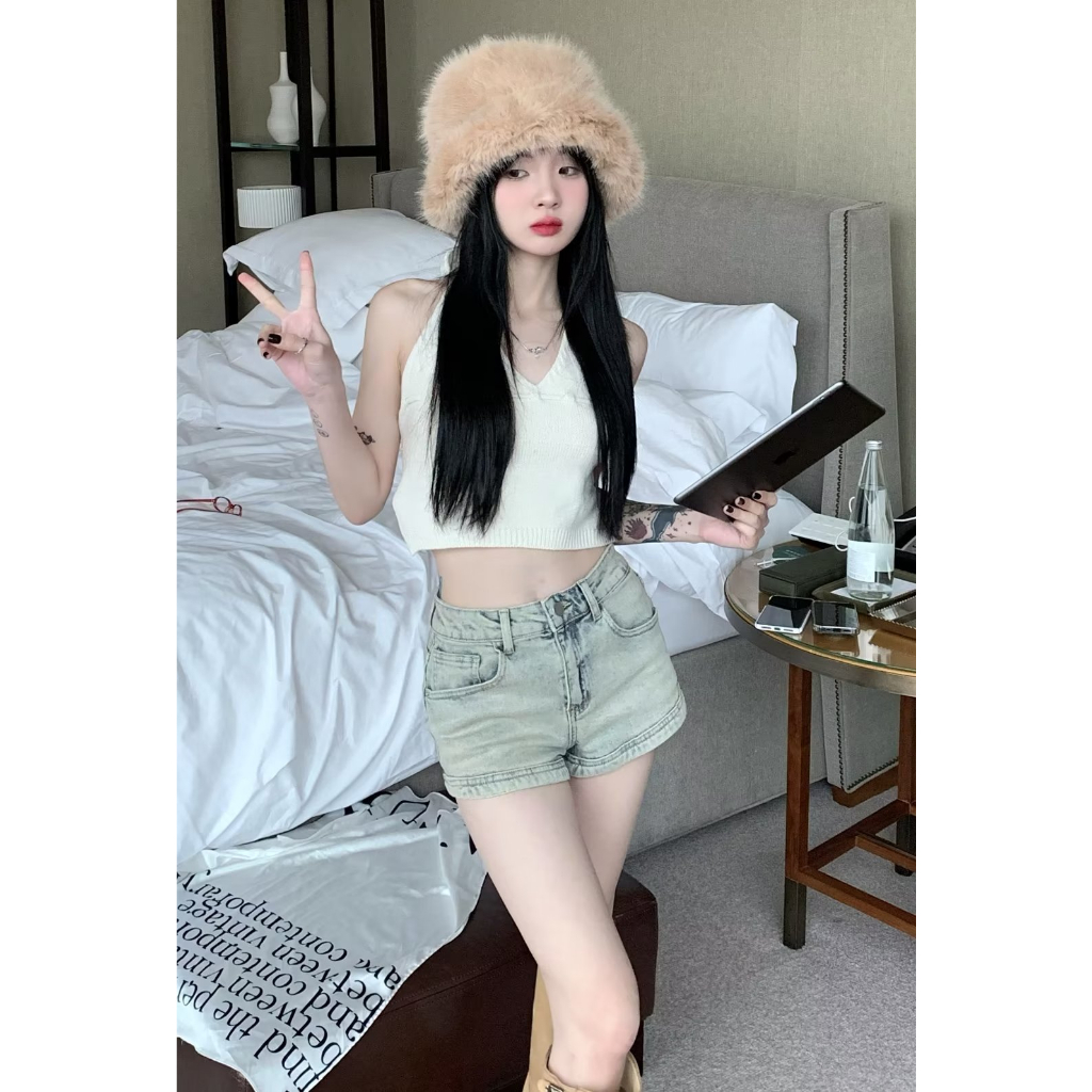 Quần Short Denim Lưng Cao Ống Rộng Màu Xanh Dương Thời Trang Mùa Hè Mới 2023 Cho Bé Gái