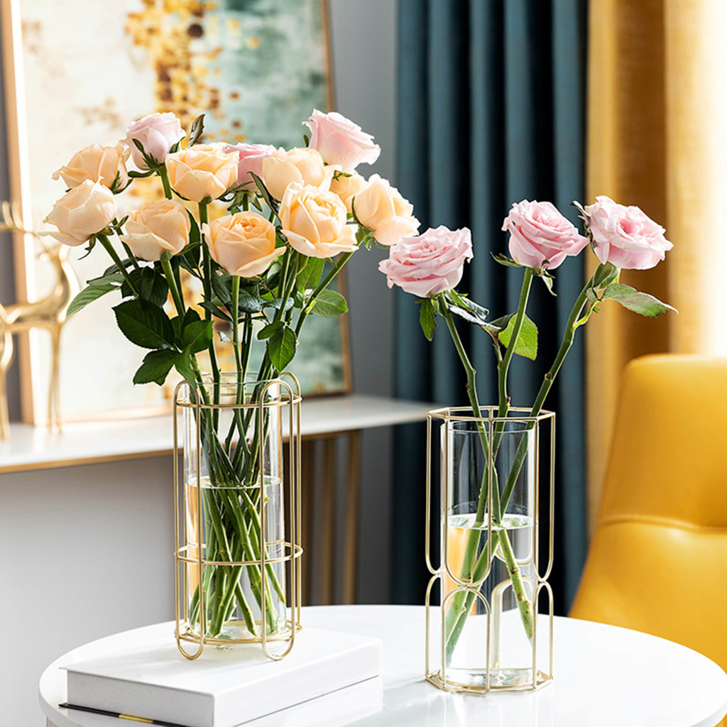 Set 4 Bình Hoa Thủy Tinh Kèm Giá Đỡ Kim Loại Để Bàn Trang Trí