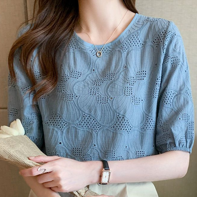 Phụ nữ T-shirt ren ngắn tay thêu mẫu bong bóng tay áo bông chiffon chất liệu hàng đầuround neck