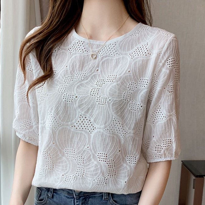 Phụ nữ T-shirt ren ngắn tay thêu mẫu bong bóng tay áo bông chiffon chất liệu hàng đầuround neck