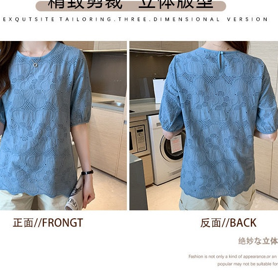 Phụ nữ T-shirt ren ngắn tay thêu mẫu bong bóng tay áo bông chiffon chất liệu hàng đầuround neck