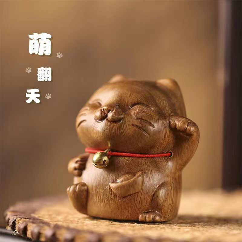 Phụ Kiện Trang Trí Hình Mèo May Mắn Bằng Gỗ Đàn Hương Dễ Thương