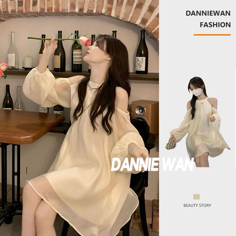 DannieWan váy nữ váy yếm váy đi biển đầm trắng A22M1HH