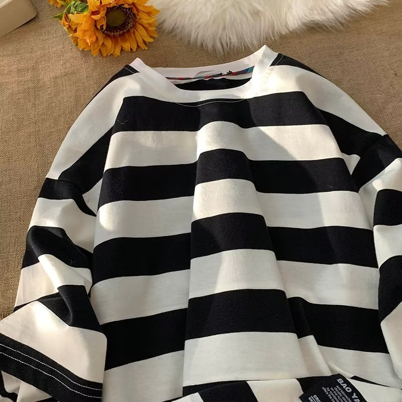 Áo Thun Dáng Rộng Họa Tiết Kẻ Sọc Phong Cách Hàn Quốc Thời Trang Cho Nam