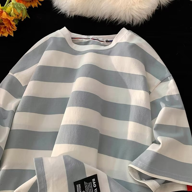 Áo Thun Dáng Rộng Họa Tiết Kẻ Sọc Phong Cách Hàn Quốc Thời Trang Cho Nam