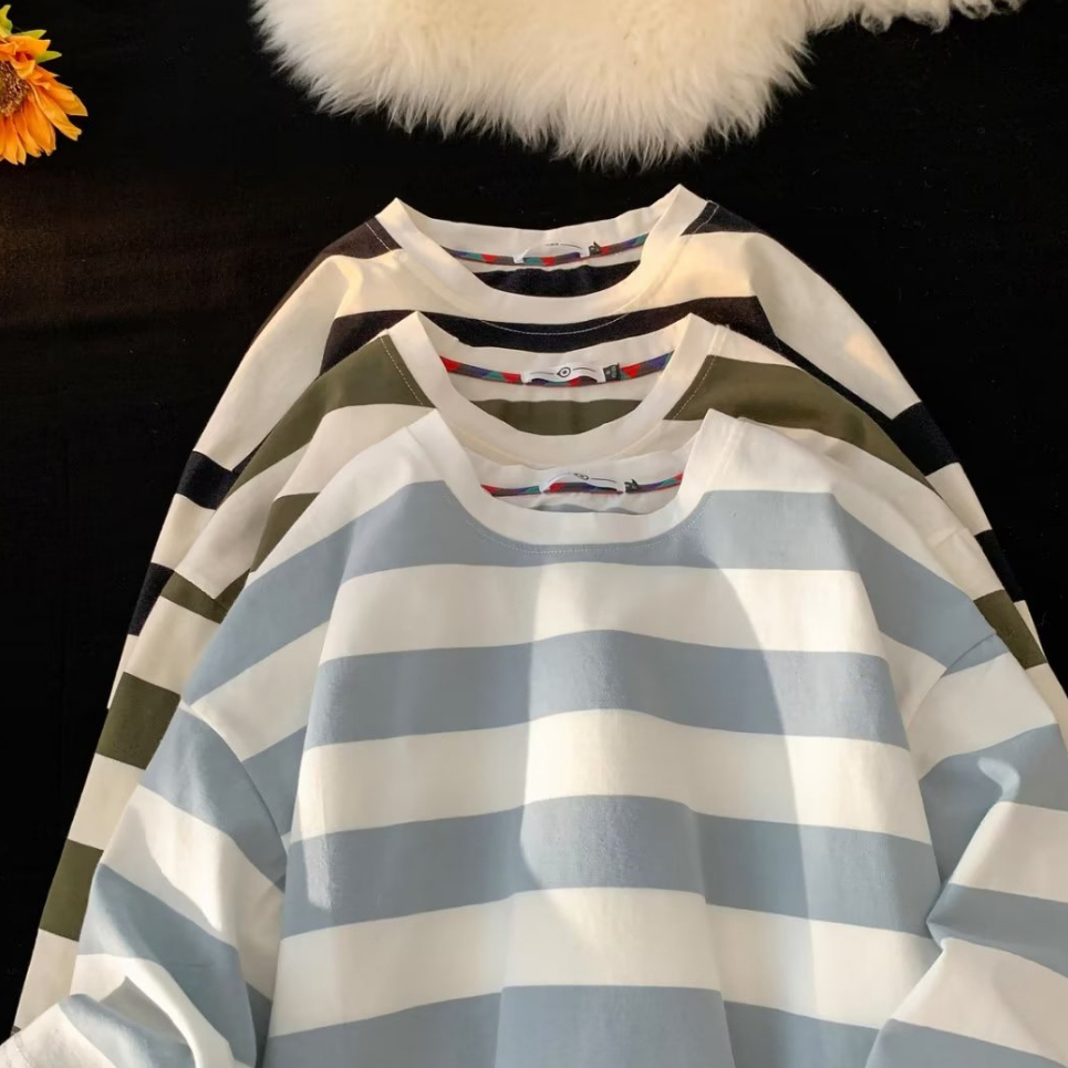 Áo Thun Dáng Rộng Họa Tiết Kẻ Sọc Phong Cách Hàn Quốc Thời Trang Cho Nam