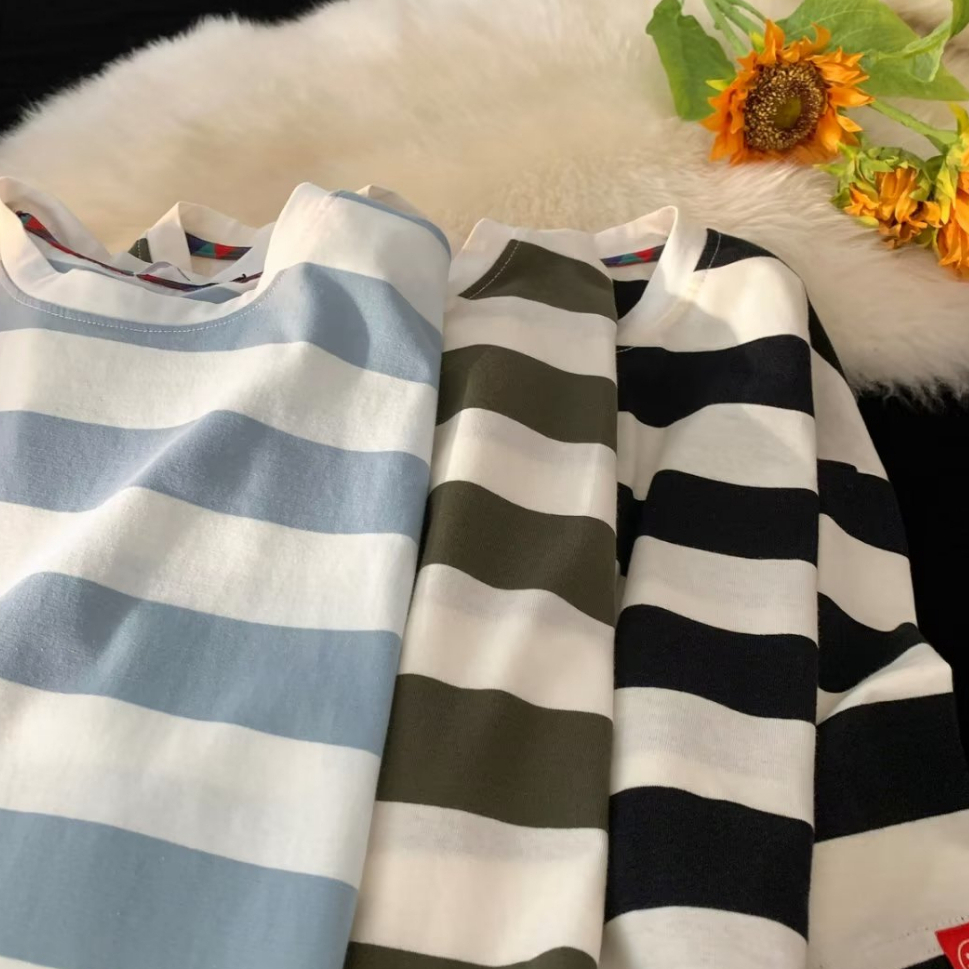 Áo Thun Dáng Rộng Họa Tiết Kẻ Sọc Phong Cách Hàn Quốc Thời Trang Cho Nam