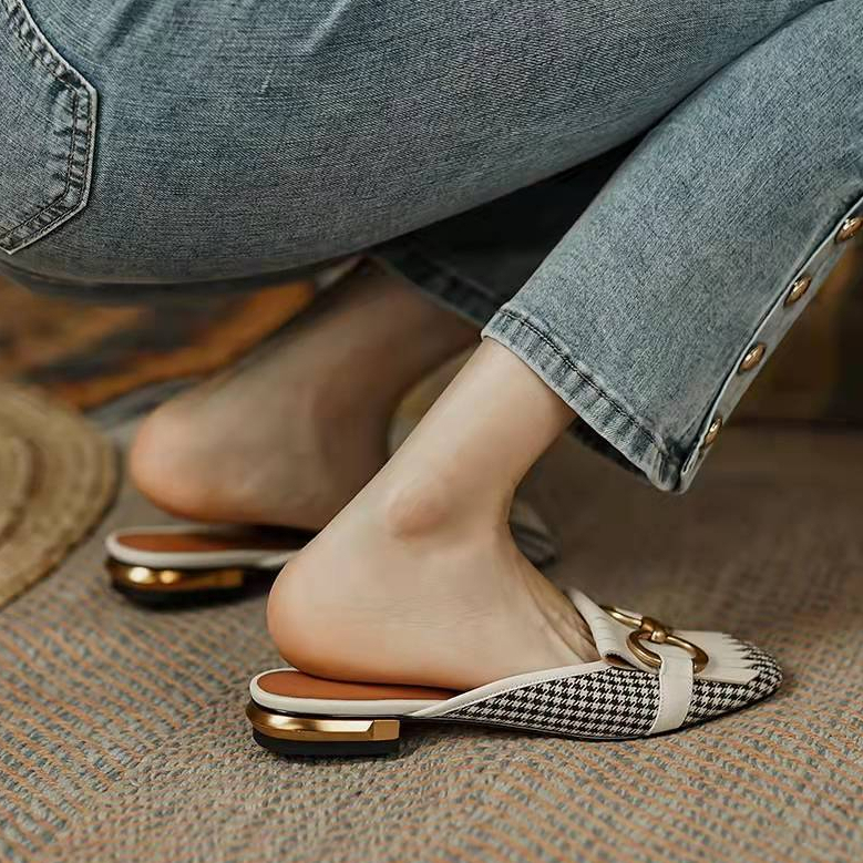 Dép lười YAOLI bít mũi đế thấp phối tua rua khóa cài thời trang mùa hè dành cho nữ