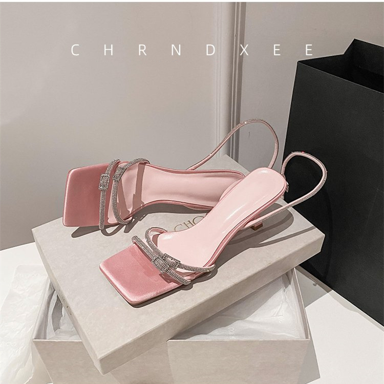 Giày Cao Gót Mũi Vuông Đính Đá Trang Trí Sang Trọng Hợp Thời Trang