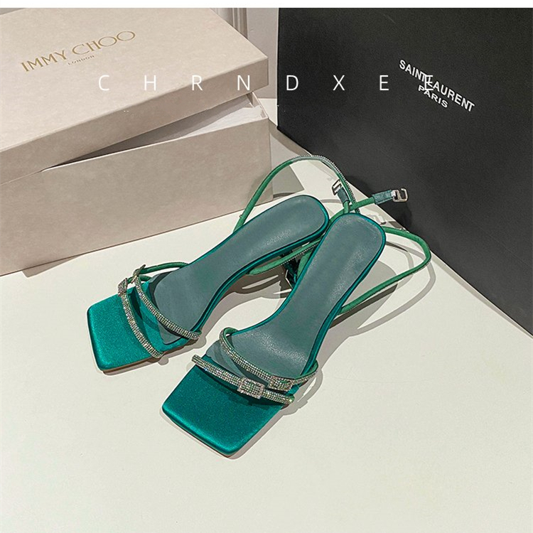 Giày Cao Gót Mũi Vuông Đính Đá Trang Trí Sang Trọng Hợp Thời Trang